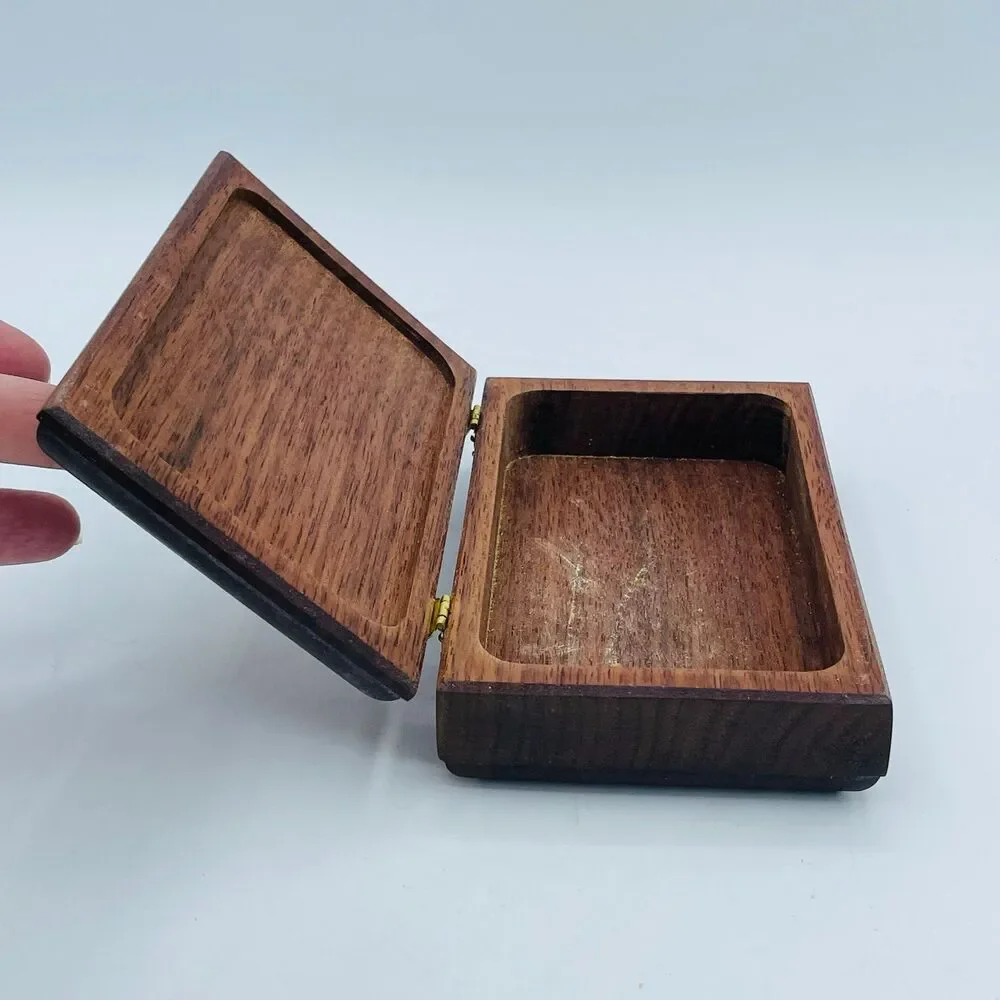 Vintage Hand Crafted Small Rectangular Wooden Trinket Jewelry Box w/ Hinges